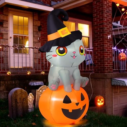 GOOSH 6 FT Halloween Inflatables Cat Outdoor Decorations Blow Up Yard Cute Wi...
