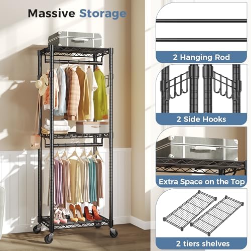 OLIXIS Rolling Clothes Rack, Heavy Duty Garment Rack, 23 IN, Metal Black
