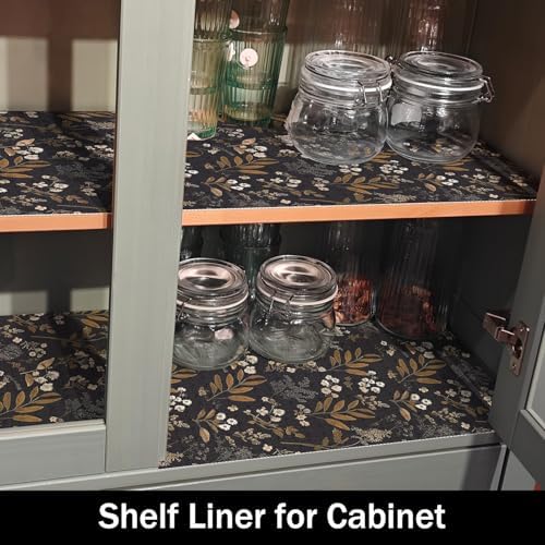 Black Leaf Shelf Drawer Cabinet Liners Waterproof,24IN x 10FT