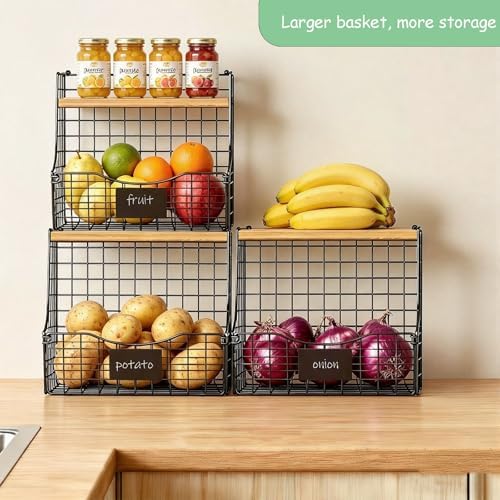 3 Pack wire Fruit Basket for Kitchen with Wood Lid - Counter&Wall Mounted...