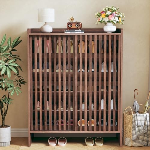 HUAHUU 5-Tier Shoe Cabinet with Sliding Shutter Doors, Wooden Shoe Storage Ca...