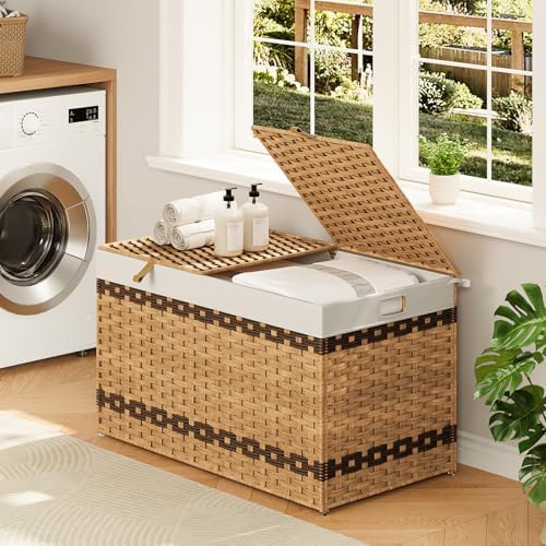 HOOBRO Storage Basket with Lid, 42.3 Gallon (160L) Wicker Storage Basket with...