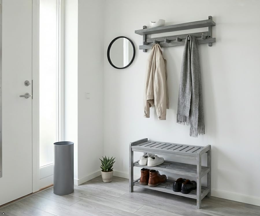 27-Inch 3-Tier Wooden Entryway Shoe Bench - Brush Grey