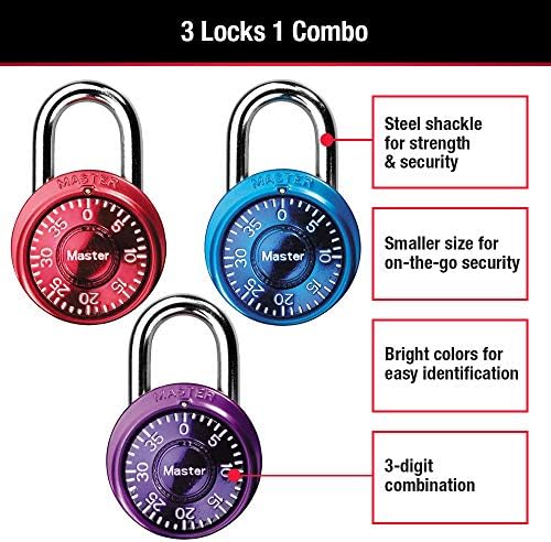 Master Lock 1533TRI Locker Lock Mini Combination Padlock, 3 per pack, Colors ...
