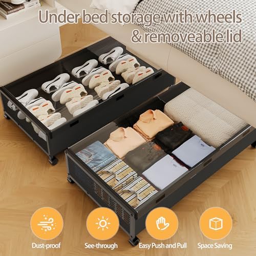 KITHELP Under Bed Storage with Wheels,2 Pack Under Bed Shoe Storage, Under th...
