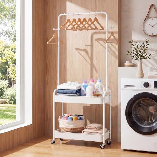 COSTWAY 3 in 1 Rolling Metal Clothes Rack with 2 Baskets & Hooks (White)