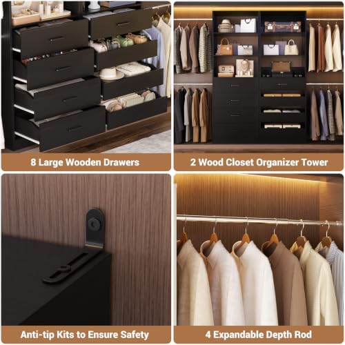 Aheaplus Closet System, 6-15Ft Custom Wood Closet Organizer with 8 Drawers