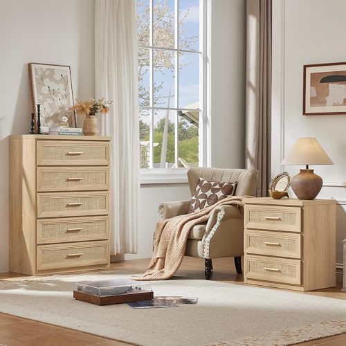 RWYHG Rattan Dresser for Bedroom 5 Drawer 45" Tall with Gold Handle