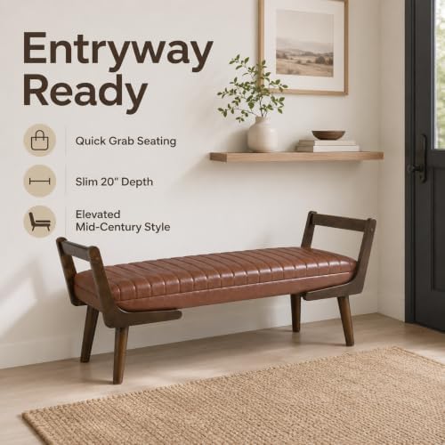 52" Upholstered Bench, Brown Faux Leather, Walnut Legs