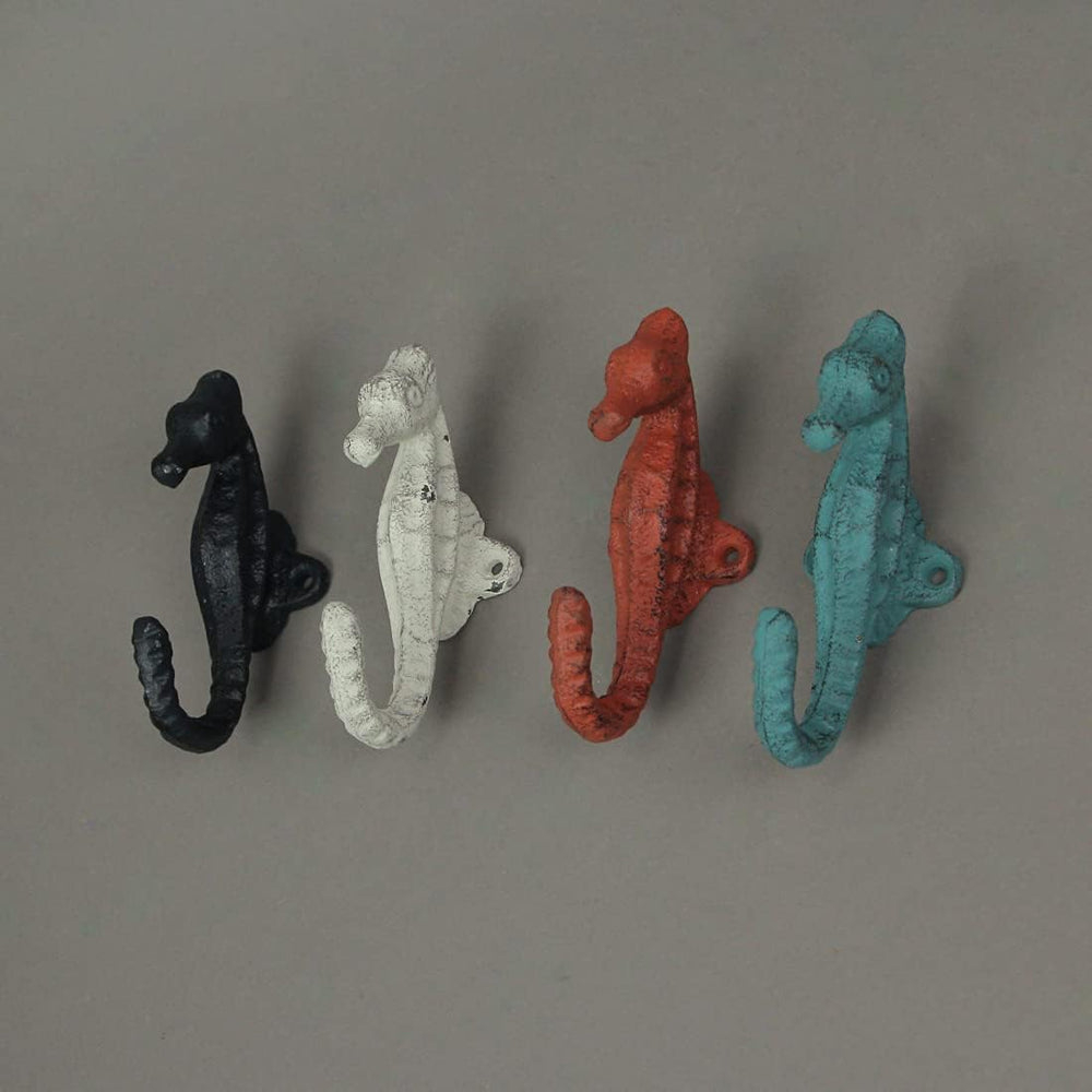 Zeckos Set of 4 Coastal Seahorse Decorative Wall Hooks, 5 Inch Coral Orange