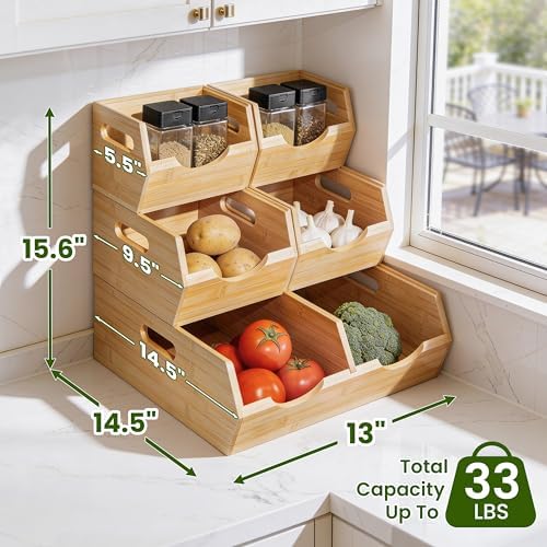 HOMESTEAD 3-Tier Bamboo Pantry Storage Bins – Stackable Potato & Onion St...