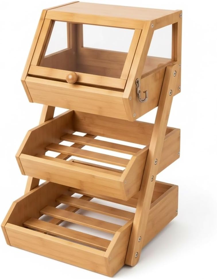 3-Tier Bamboo Basket with Preassembled Drawers, Acrylic Cover & Banana Ho...