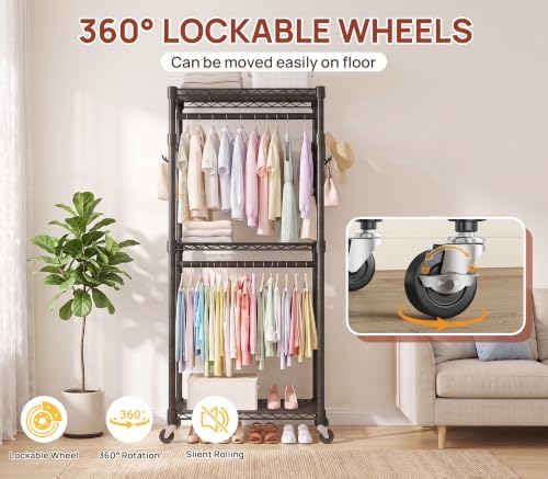 Heavy Duty Rolling Clothes Rack with Wheels, Double Rods Adjustable Shelves