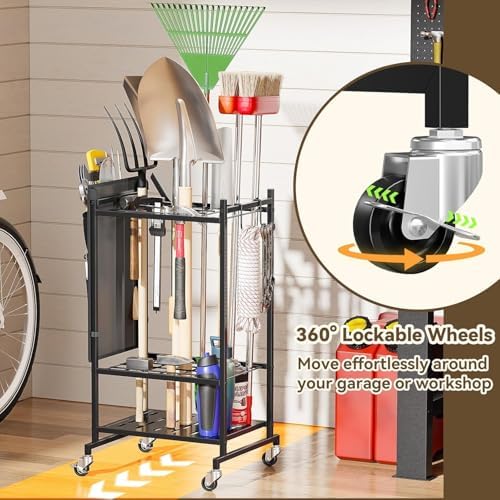 Garden Tool Organizer with Wheels, Rolling Yard Tool Tower Rack Carts for Gar...