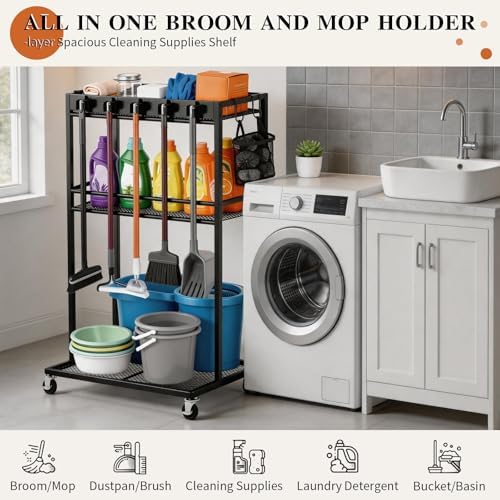 Broom Holder with Cleaning Supplies Organizer,Rolling Cleaning Cart