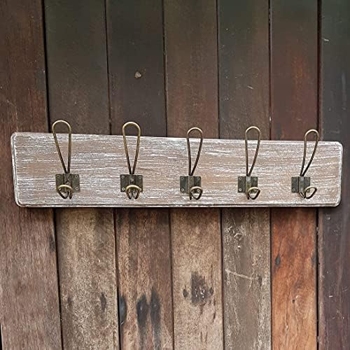 Coat Rack Wall Mount, Reclaimed Wood, 24 Inch, 5 Bronze Hooks, Whitewash