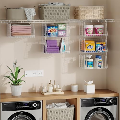 3-Tier Hanging Laundry Basket Organizer:Foldable Wire Shelf Laundry Room Orga...