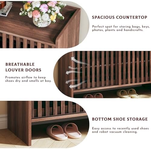 HUAHUU 5-Tier Shoe Cabinet with Sliding Shutter Doors, Wooden Shoe Storage Ca...