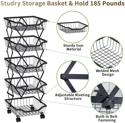 Fruit Vegetable Storage Basket 5 Tiers Stackable Metal Wire Fruit Basket Kitc...