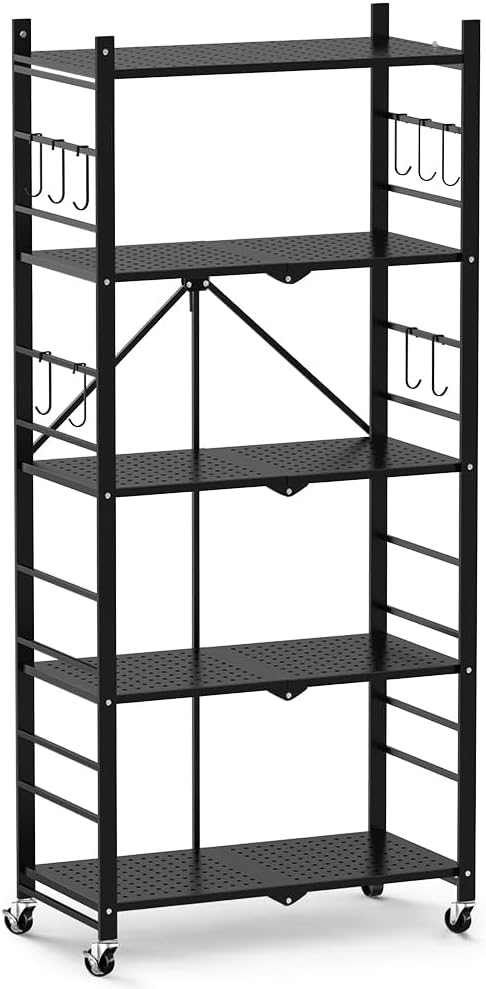Himix 5-Tier Foldable Storage Shelves with 20 Hooks Wheels Kitchen Black