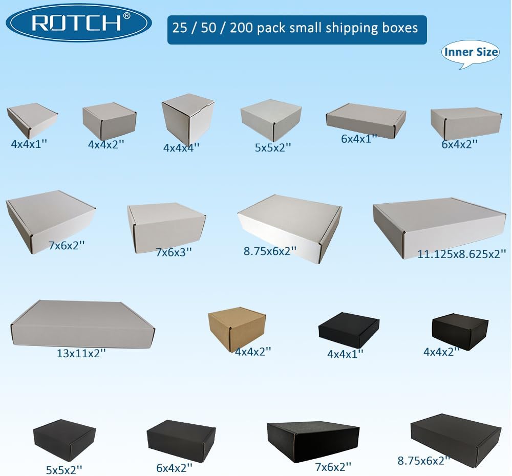 ROTCH 50 Pack 7x6x3'' Corrugated Mailers, White, Cardboard Boxes Perf...