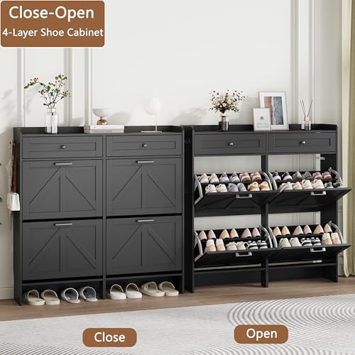 Shoe Cabinet with 4 Flip Drawers & 2 Top Drawers, 43" Tall Freestand...