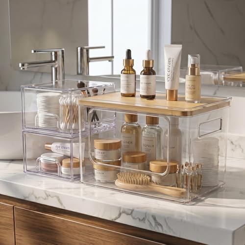 Hudgan Under Sink Organizer 3 in 1, Stackable Acrylic Bathroom Storage, Trash...