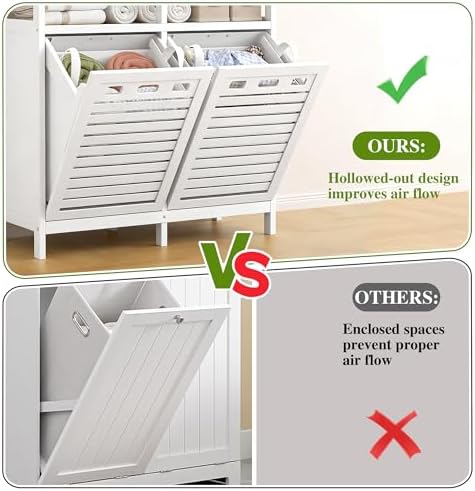 VASMIA Tilt Out Laundry Hamper Cabinet, Bamboo Double Laundry Hamper with 2 R...