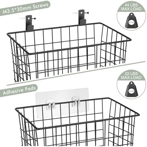 Wall Hanging Baskets, 3 Wooden Wire Bins with Hooks & Adhesive Mount(Large)