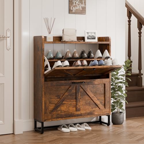 MU Shoe Storage Cabinet with 2 Flip Drawers, Freestanding Shoe Rack Cabinet w...