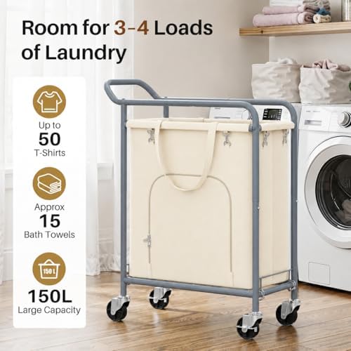 Laundry Basket with Wheels, Rolling Laundry Hamper with 38.4" Tall Handl...