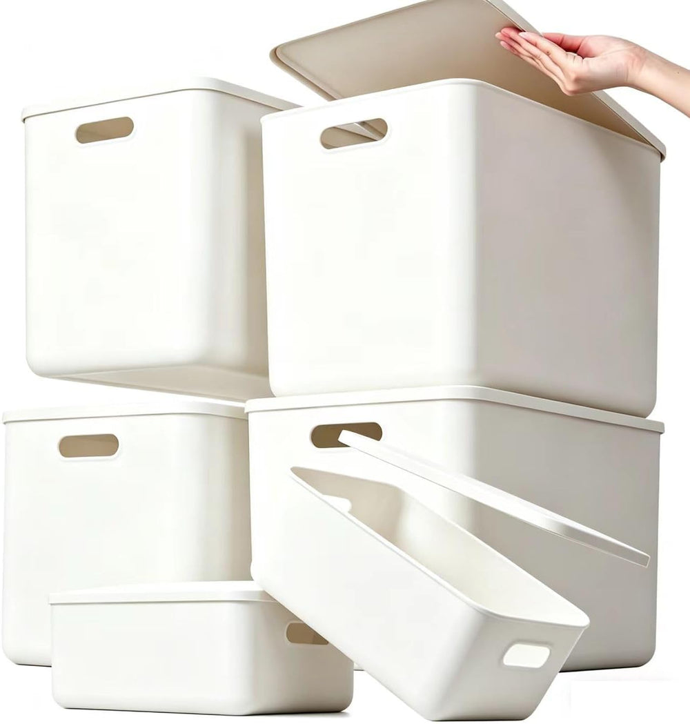 6 Piece Plastic Storage Baskets Boxes with Lids,11.8 x 8 x10 Inch Stackable O...
