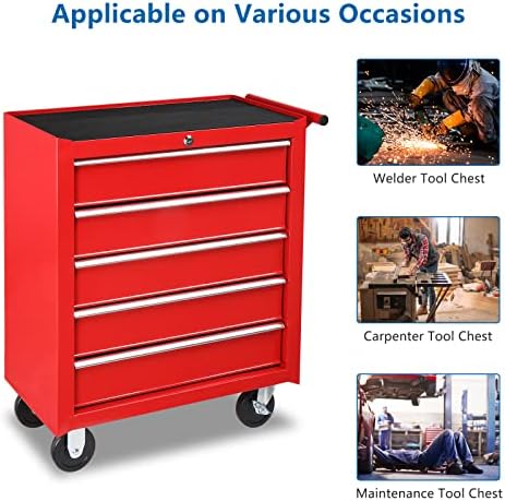 TUFFIOM 5-Drawer Rolling Tool Chest w/Drawers & Lock, Tool Storage Cabine...