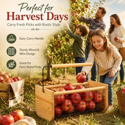 Gardenised Vintage Harvest Basket Pine Wood & Metal Mesh Wire Design Wood...