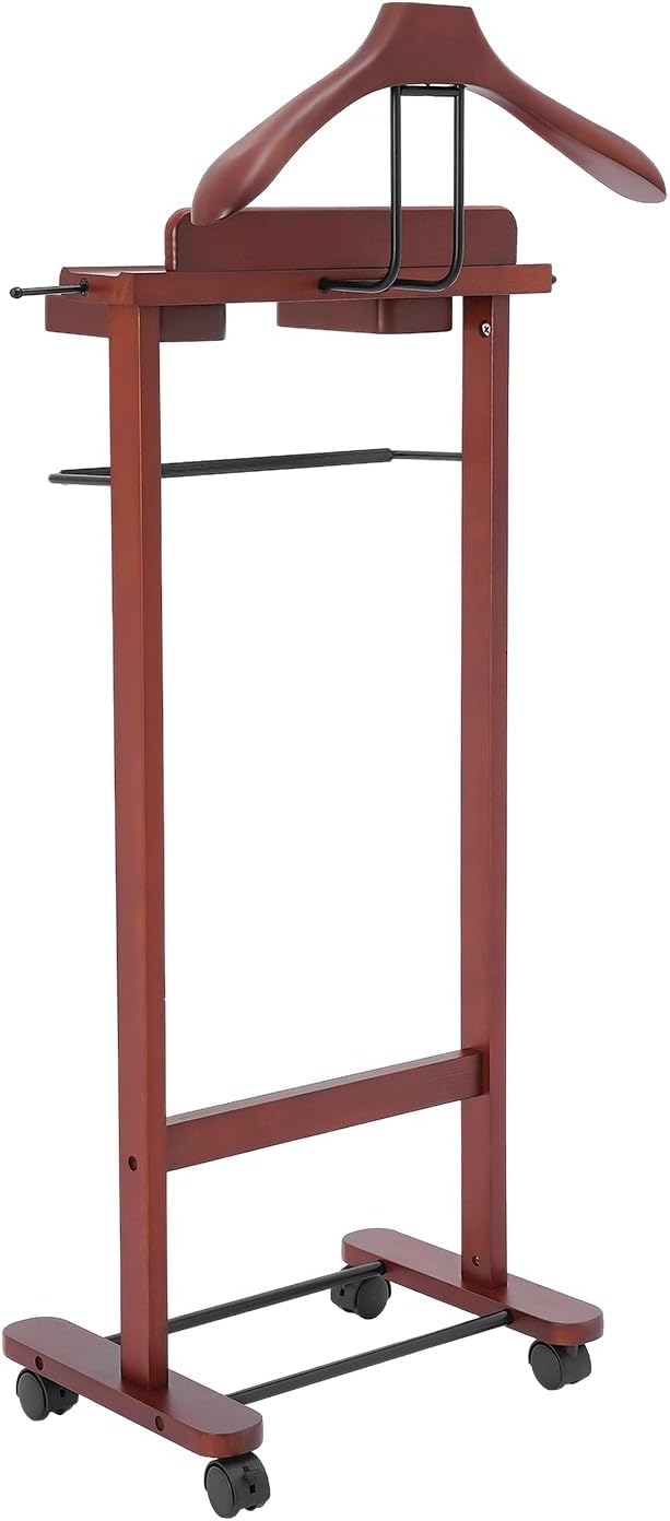 Valet Stand with Wheels and Top Tray, Wood Mens Suit Valet Stand with Shoe Sh...