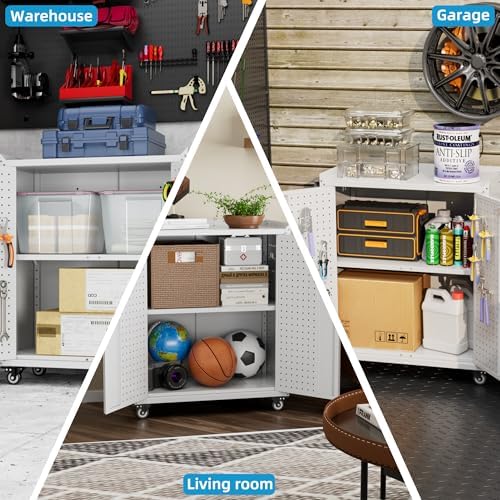 SUXXAN Small Storage Cabinet with Wheels and Pegboard,Assembly Required