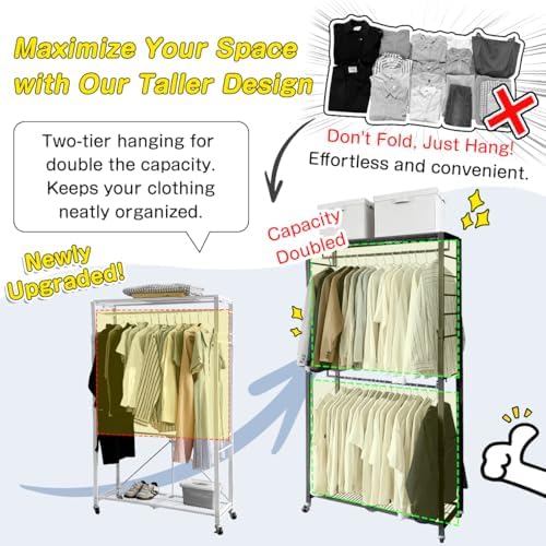 lumizone Folding Clothing Rack with Wheels Expandable Black