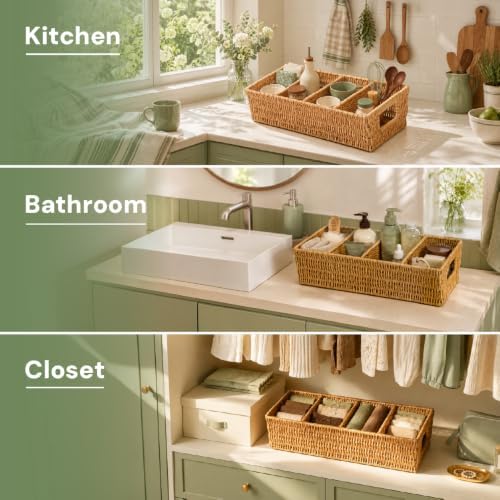 2PCS Rattan Pantry Organizer Baskets with Removable Dividers