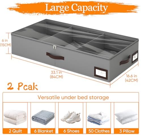OIAHOMY 2 Pack 53L Under Bed Storage with Adjustable Dividers, 6" Low Pr...