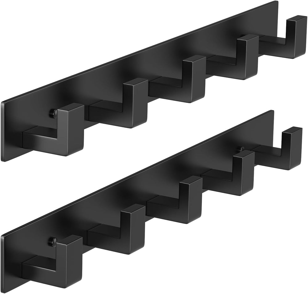PMMASTO Stainless Steel Wall Coat Rack, Black- 5 Hooks, 2 Pack, L Shape