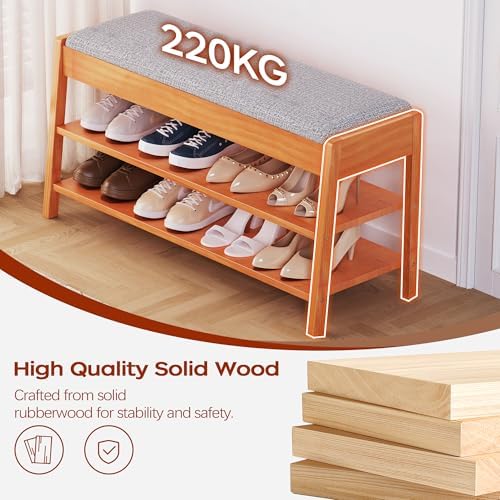 PARTPHONER Shoe Rack Bench with Storage, 2-Tier Solid Wood Entryway Bench wit...