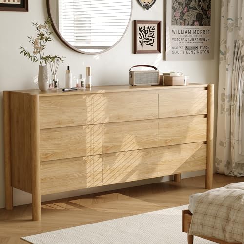 HOUROM Oak Dresser for Bedroom,63" Wide 9 Drawer Mid Century Modern Chest