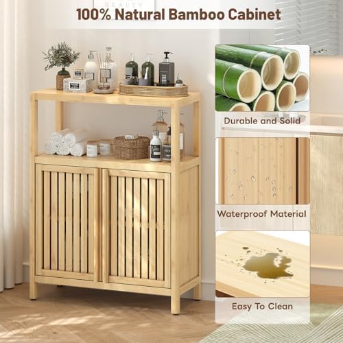 Bamboo Bathroom Storage Cabinet Furniture, Bathroom Floor Cabinet with 2 Shut...