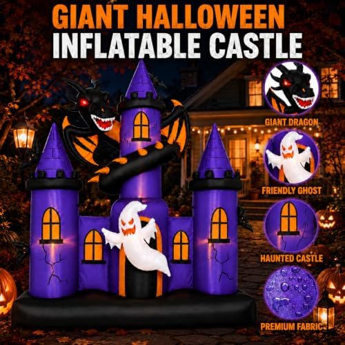 9 FT Giant Halloween Inflatable Haunted Castle with Dragon and Ghost