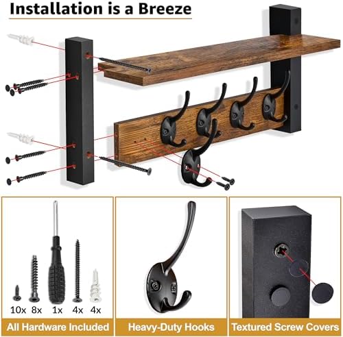 Sorbus Coat Rack Wall Mount with Shelf (Rustic Brown, 16 Inch)