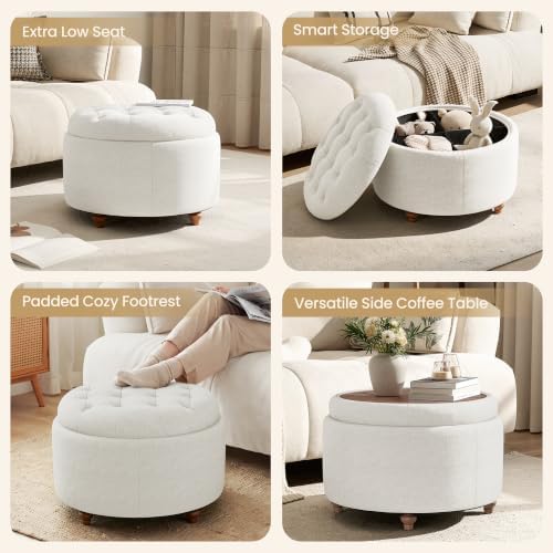 25" Round Ottoman with Storage, Small Coffee Table with Reversible Tray Lid