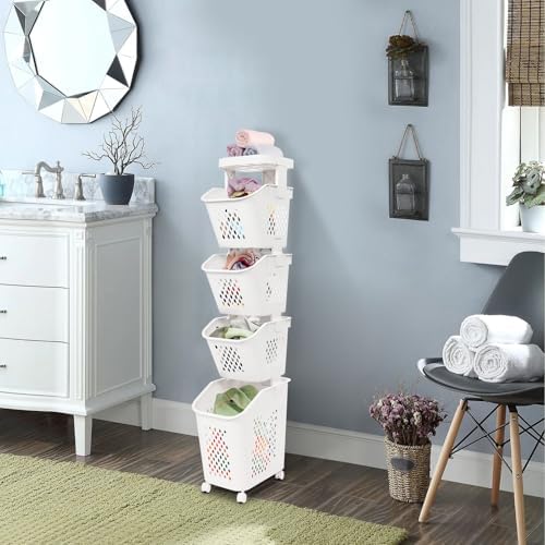 4-Tier Plastic Laundry Hamper Sorter with Wheels,Tiered Laundry Basket Organi...