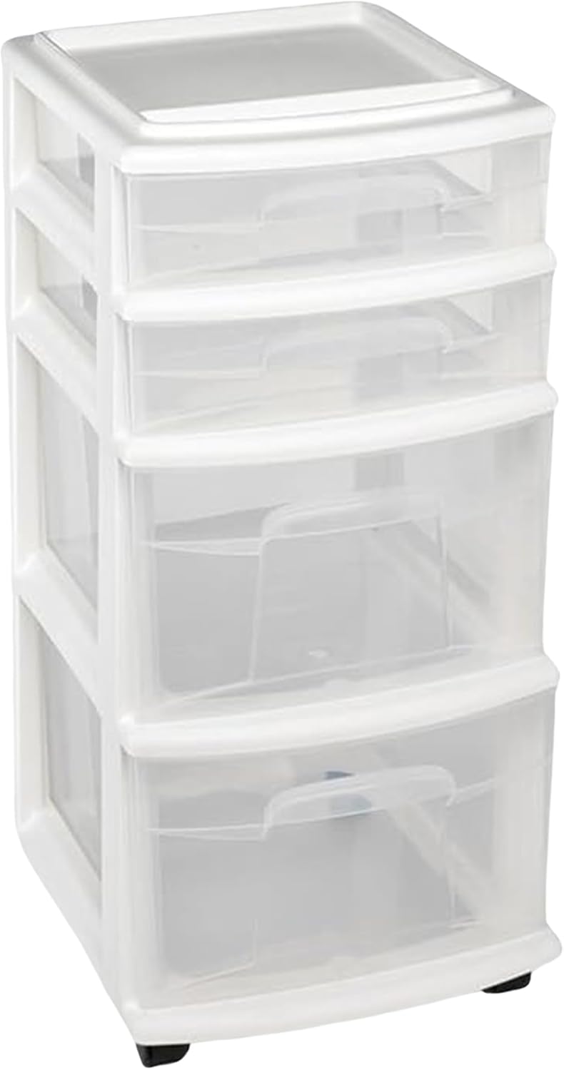 HOMZ Drawer Tower, 4-Tier Storage Cart with Removable Wheels, White Frame