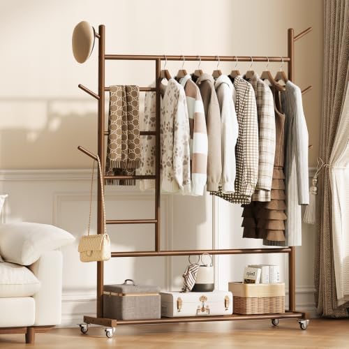 Yoobure Solid Wood Clothing Rack, 4-in-1 Wooden Clothes Rack with Wheels