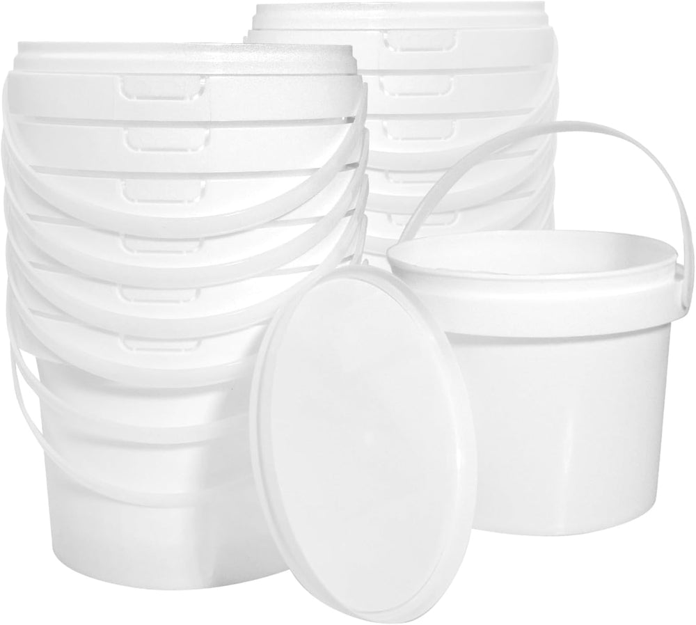 13 Pack White Plastic Bucket with Handle and Lid Food Storage Containers Roun...